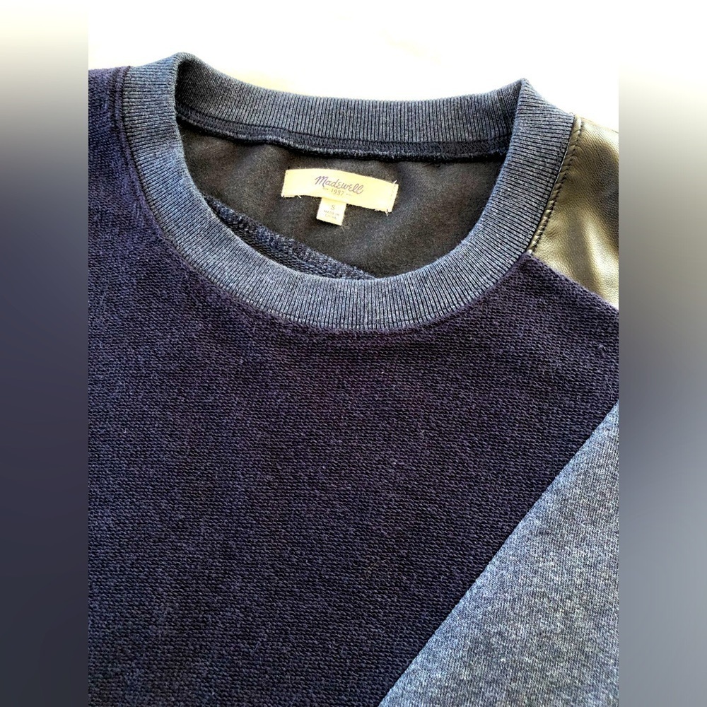 Madewell One of a Kind Patchwork Sweatshirt in Blue and Black. Upcycled Material
